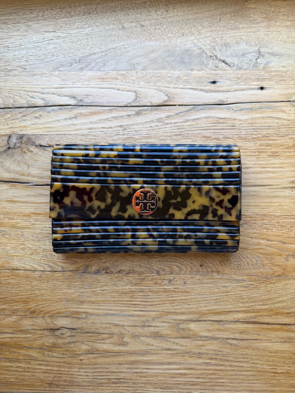 Tory Burch Tortoiseshell Resin Fold-Over Clutch with Logo Medallion